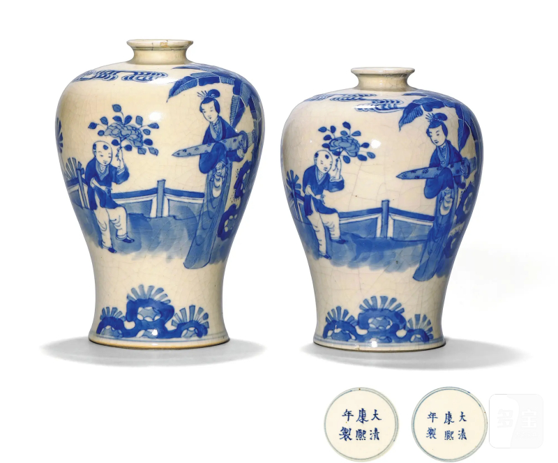 清晚期 浆胎青花折桂图梅瓶一对